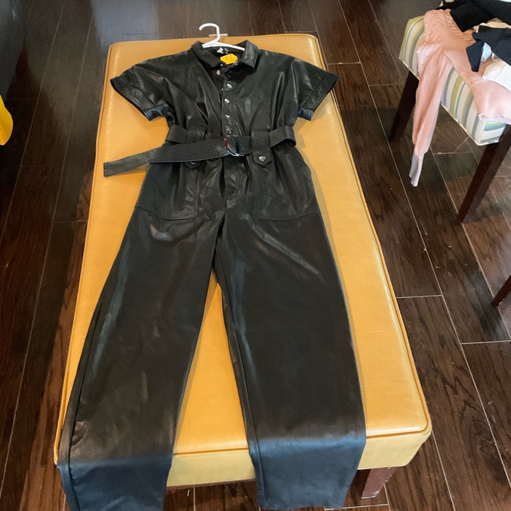 Bardot black faux leather belted jumpsuit